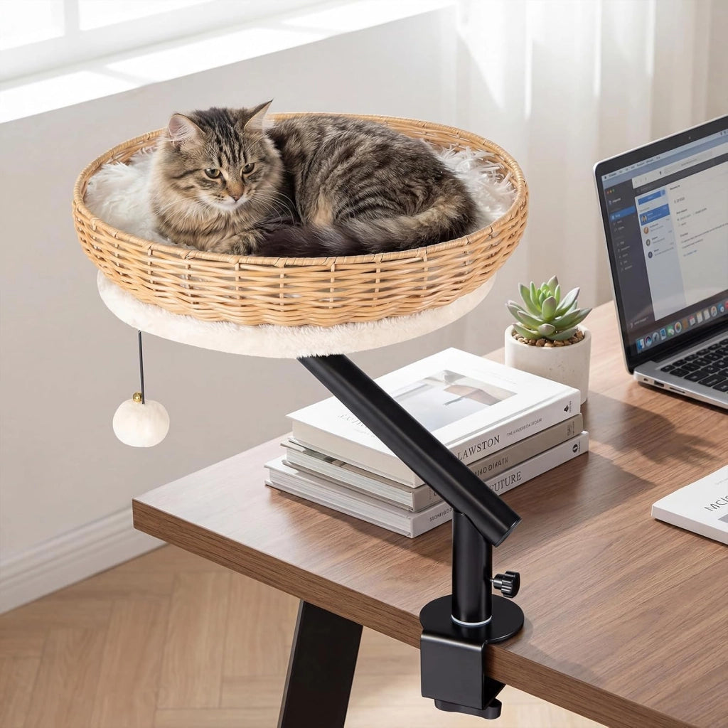 Letto per Gatti da Scrivania Girevole 360°
Cuccia per Gatti in Rattan con Cuscino in Peluche Rimovibile, Amaca con Morsetto per Spessore 1,5-4,5 cm per Studio e Ufficio