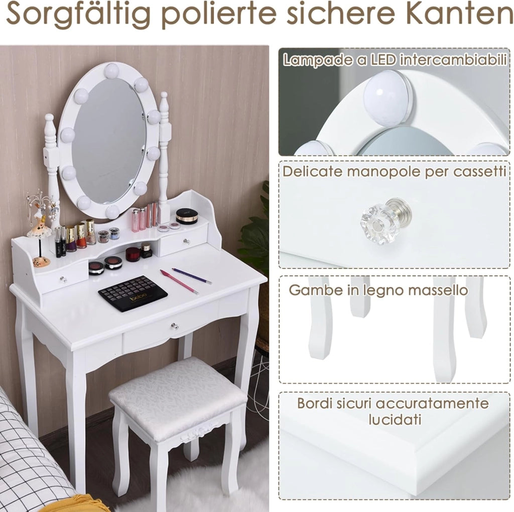 Toeletta da Trucco, Set Tavolo e Sgabello da Trucco, Specchio con 10 Luci LED, Toeletta Multifunzionale con 3 Cassetti, Specchio Rotante a 360⁰, Postazione Make-up Moderno (Bianco)