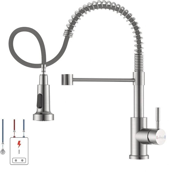 Kraan per cucina a bassa pressione, in acciaio inossidabile lucidato a specchio con getto regolabile, 2 posizioni, 360° girevole, maniglia cucina a molla con 3 connessioni (freddo, caldo e connessione a bassa pressione)