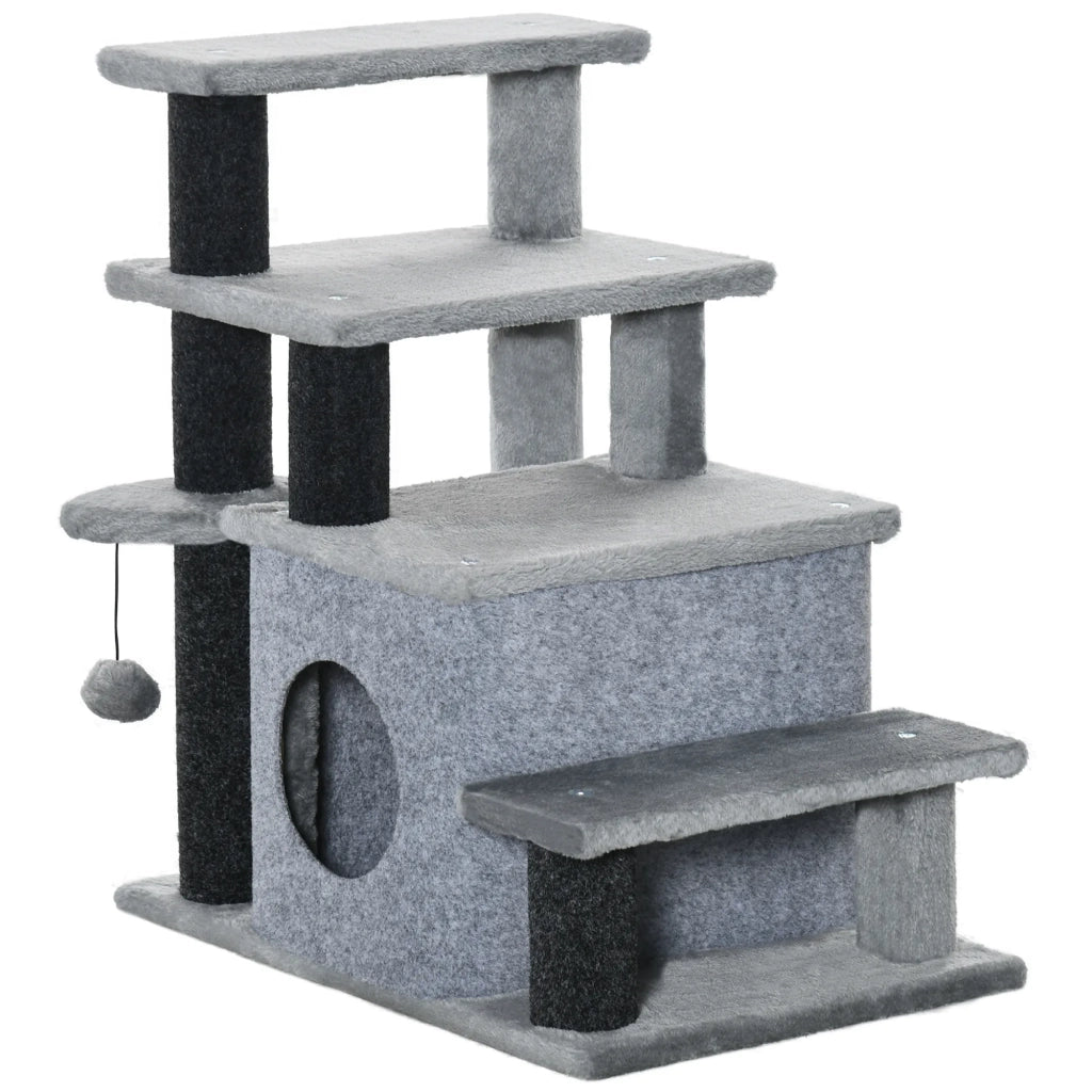 Scaletta per gatti a 3/4 gradini con tana e pallina, rivestimento in peluche, stabile pannello di particelle