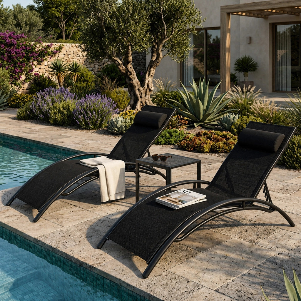 Set 2 Lettini Reclinabili Da Piscina Con Schienale Regolabile 5 Posizioni In Textilene Traspirante Per Giardino Terrazza Outdoor 59 x 158 x 81.5 Cm Nero