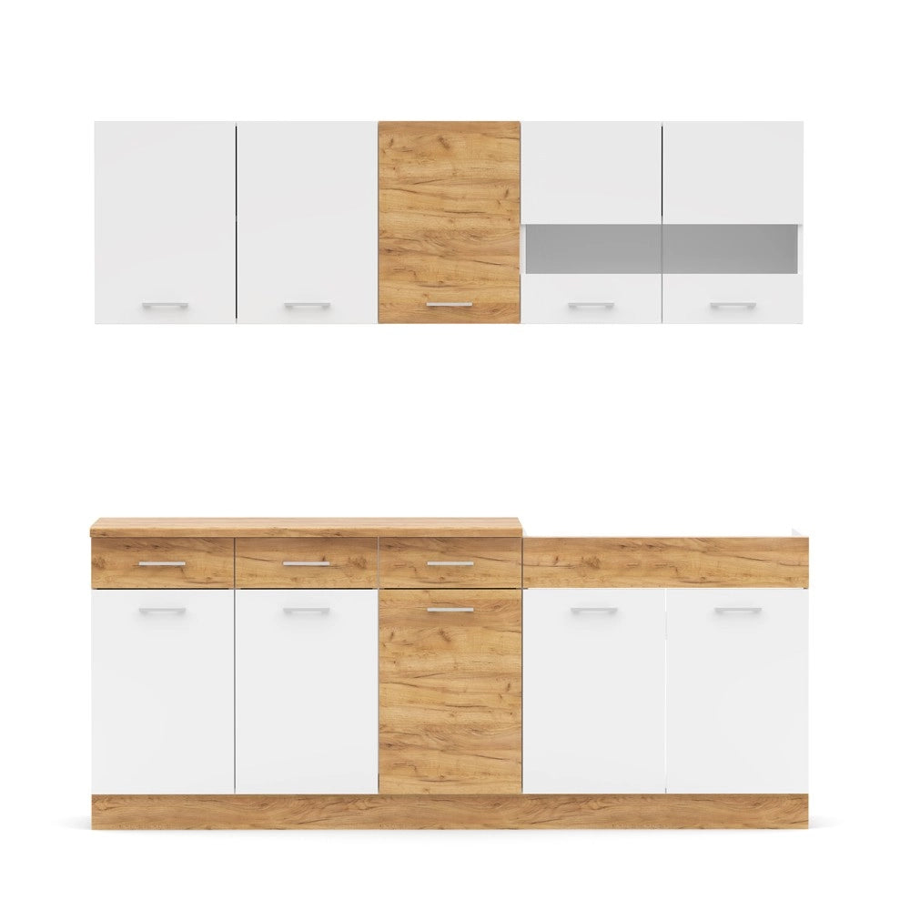 Cucina monoblocco 200 cm Erika bianco e rovere con lavello e pensili