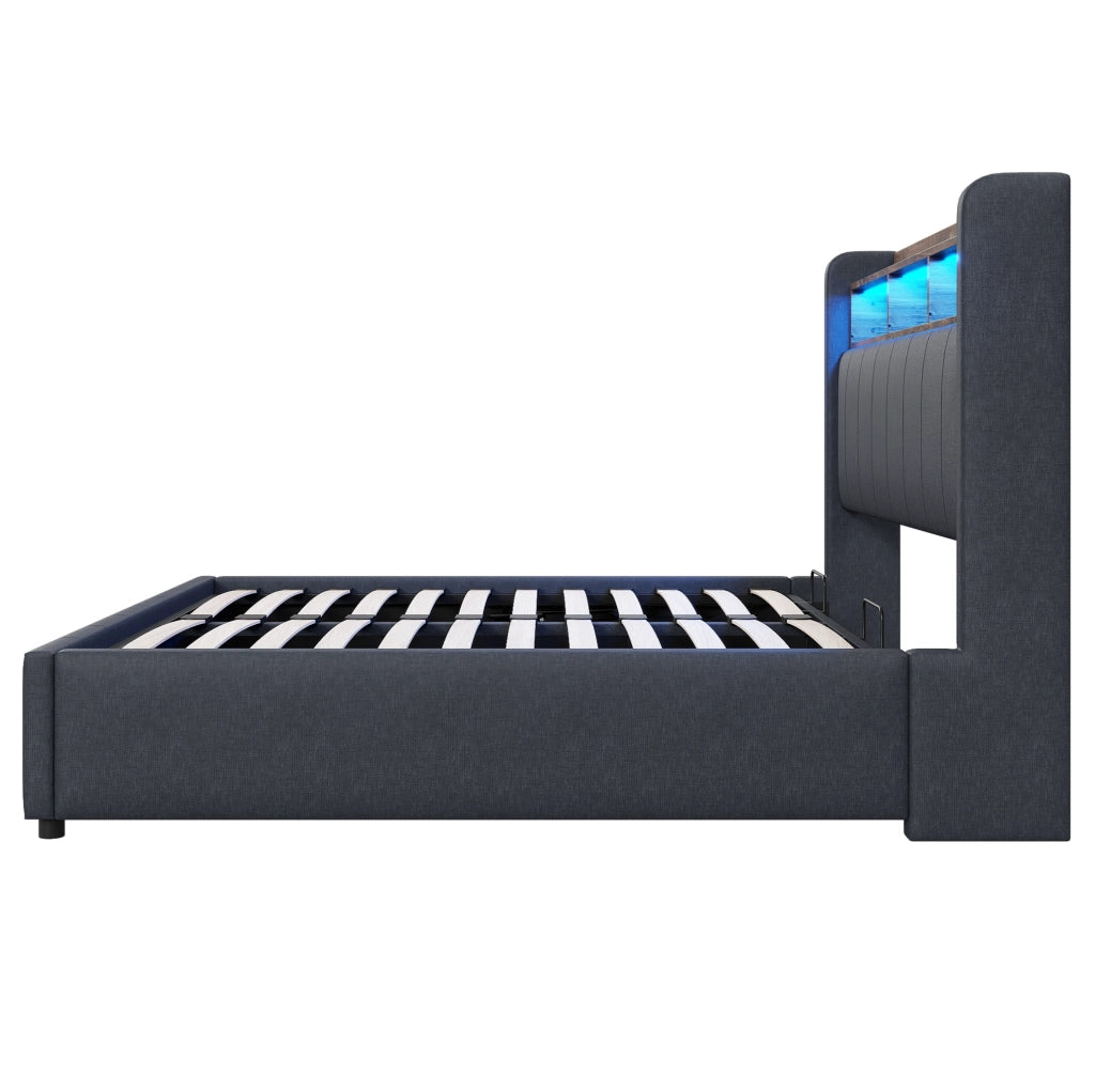 Letto imbottito 140x200 cm con LED, USB e contenitore idraulico