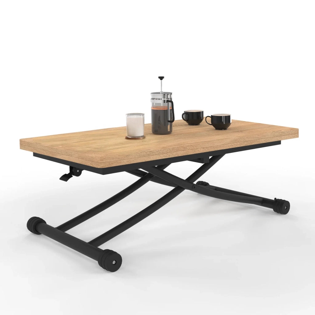 IDMarket - Tavolino 2 in 1 URBANA, trasformabile in tavolo da pranzo rettangolare, 100 cm, legno e nero, design industriale