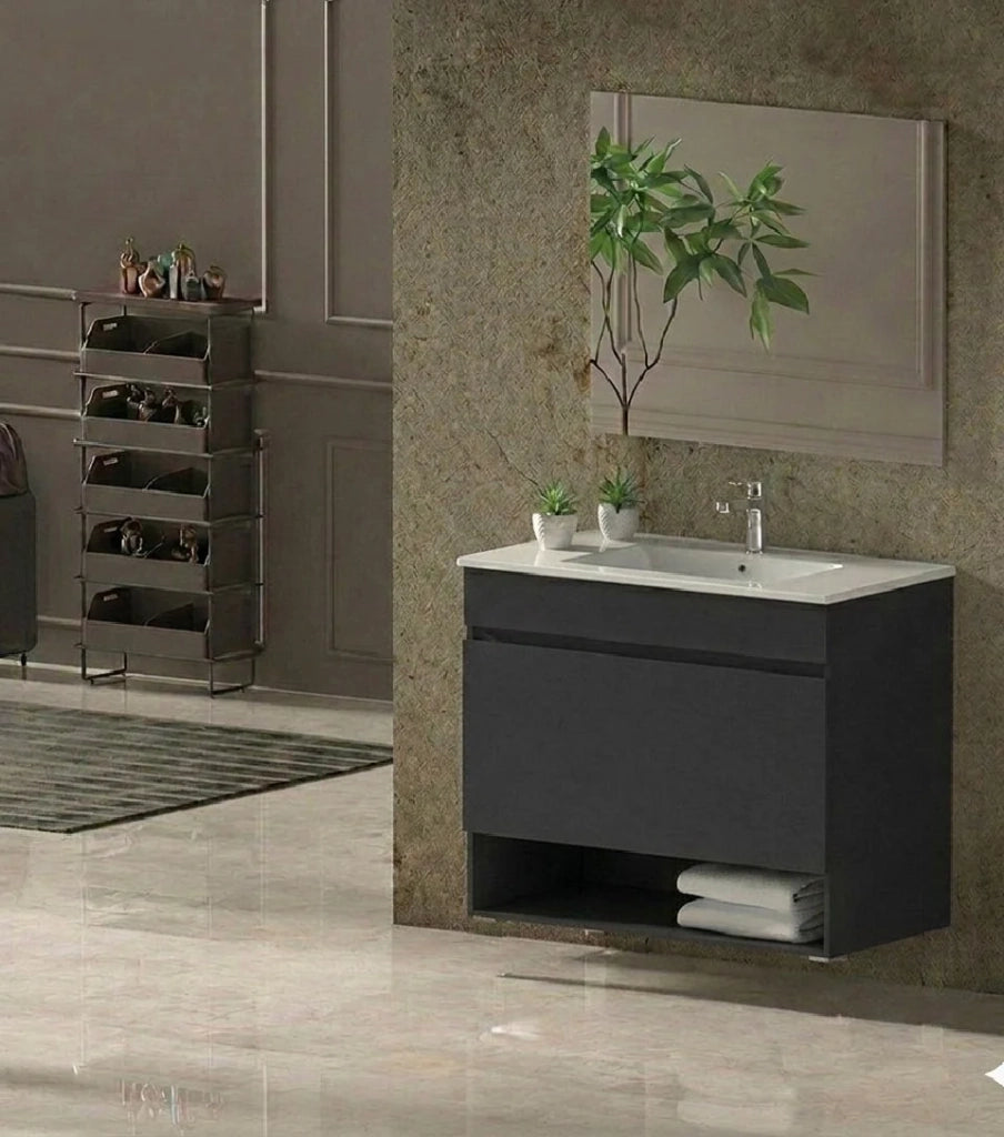Mobile Bagno NEBARI Già Montato 1 cassetto, lavabo e specchio Grafite 70x45 cm