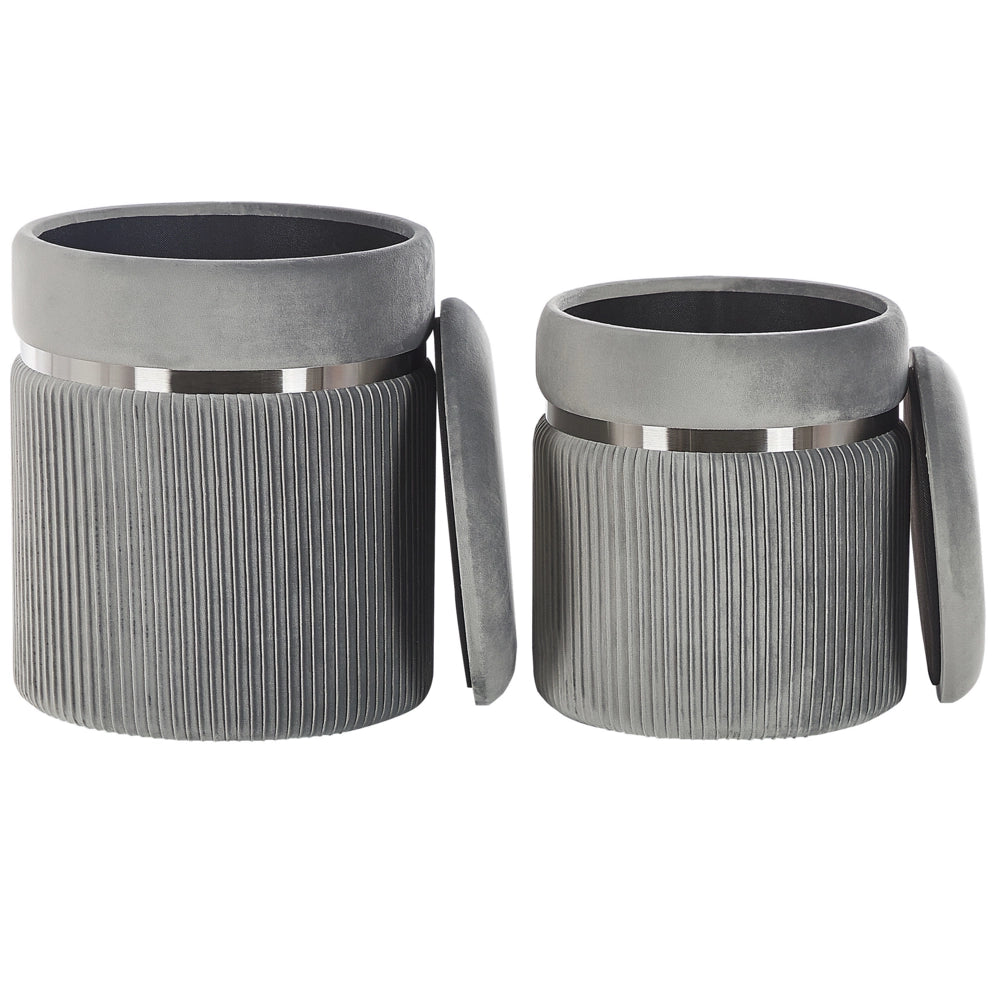 Set di 2 pouf Velluto grigio chiaro Fasce metalliche Glamour Contenitori interni Soggiorno Camera da letto