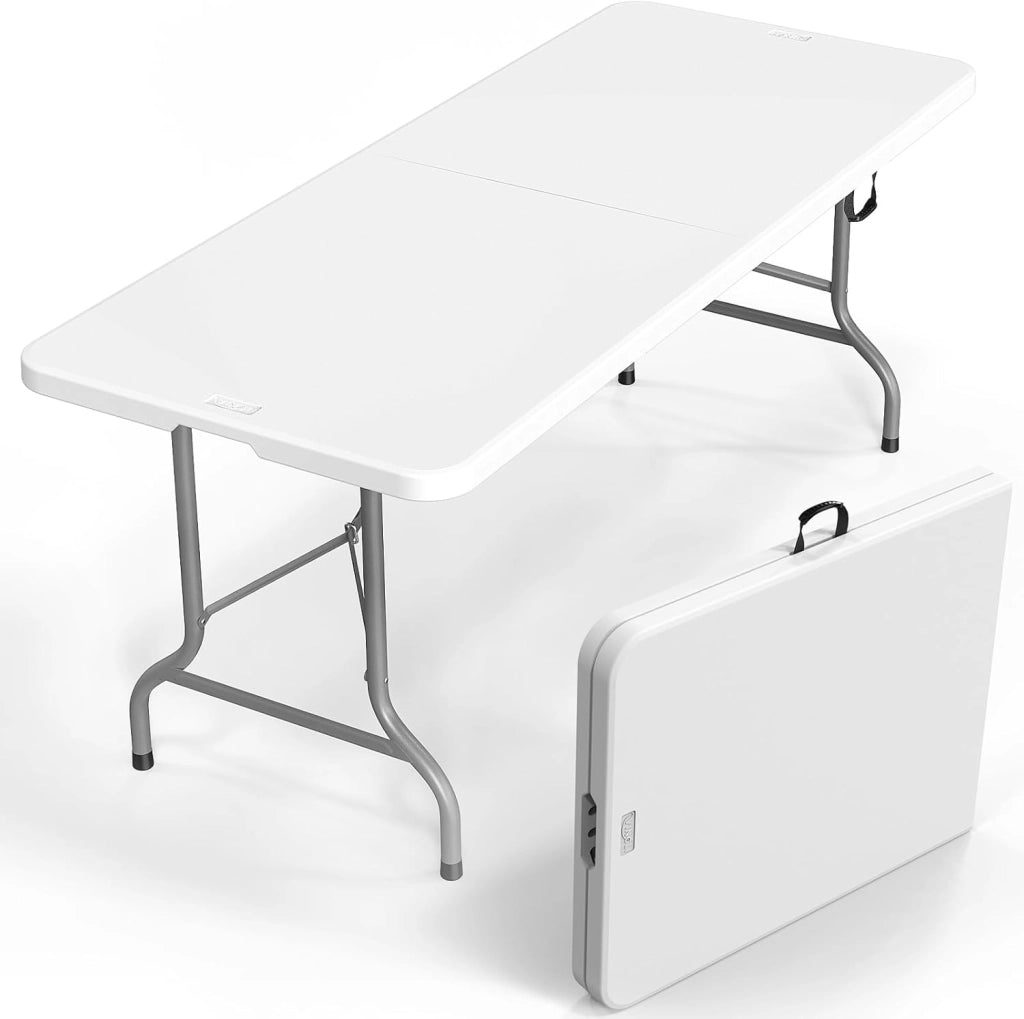 FENIXSHOP24 Tavolo Pieghevole e Portatile con struttura in acciaio richiudibile a valigia - ottimo per giardino Fino a 6/8 Persone - 180x70x74 cm, Bianco -
