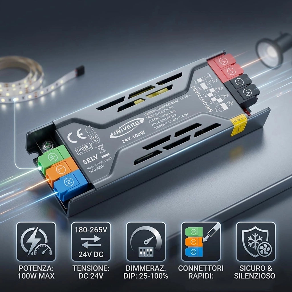 Alimentatore Stabilizzato 24V 2 Uscite 100W Passivo Dimmerabile Trasformatore Slim 4.16A per strisce luci LED