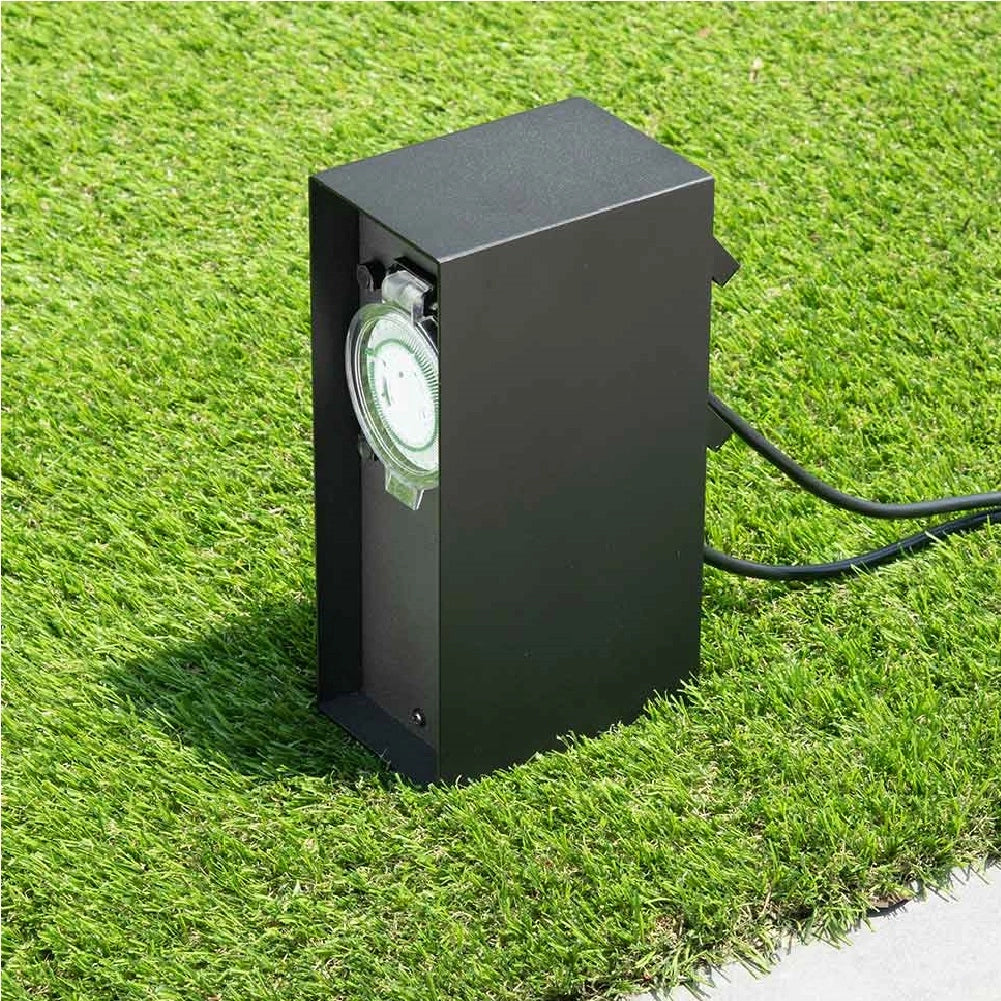 Colonna Elettrica Giardino Palo 2Prese Impermeabili Timer Protezione Bambini Nero