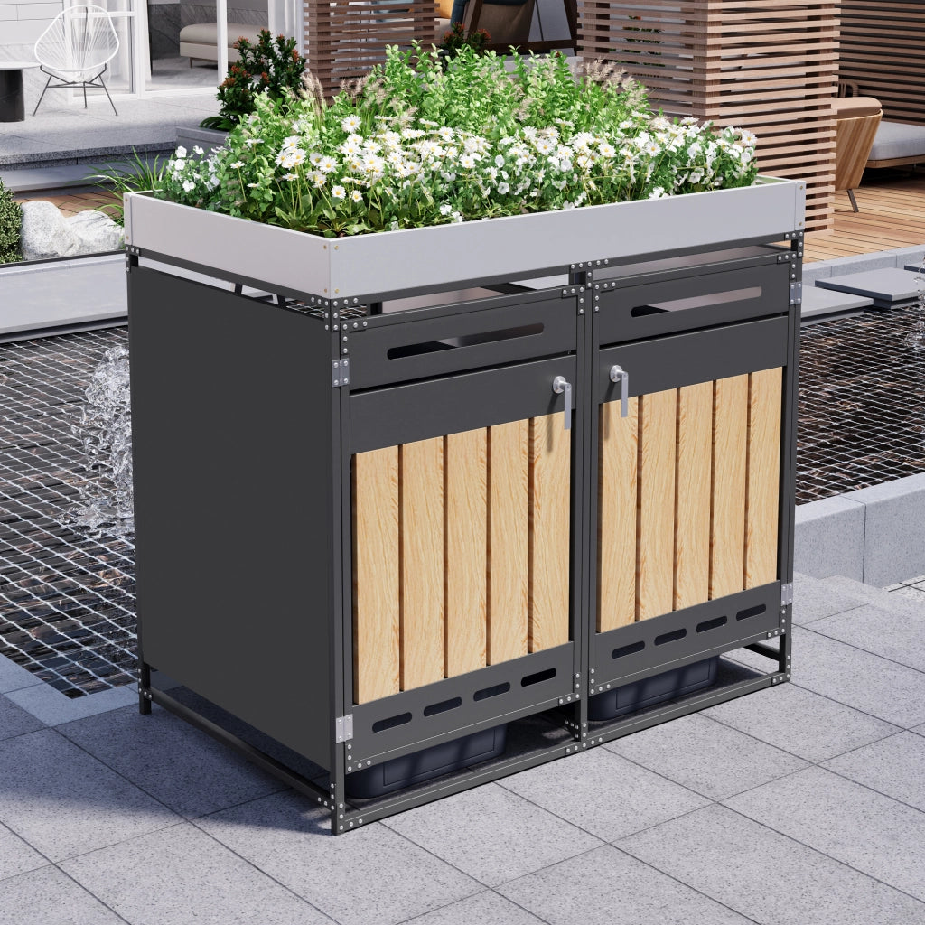 Box portabidoni doppia in ferro nero con fioriera integrata; porte con serratura e ventilazione per esterni