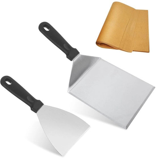 Set di Spiedini da BBQ 2 pezzi - Manico in Legno - Acciaio Inossidabile - Attrezzatura da BBQ - Fogli di Carta per Hamburger - Duraturo e Resistente al Calore - Attrezzatura da Griglia