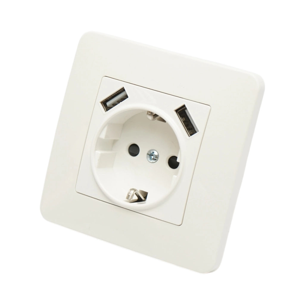 Presa schuko da incasso bianca 220V, 16A, 2xUSB 5V 2.1A, PC 80x80mm