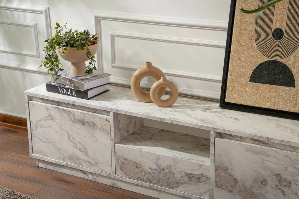 Mobile porta TV Morrigan, Credenza da soggiorno, Armadio basso per TV, Base parete attrezzata, 160x30 h42 cm, Marmo