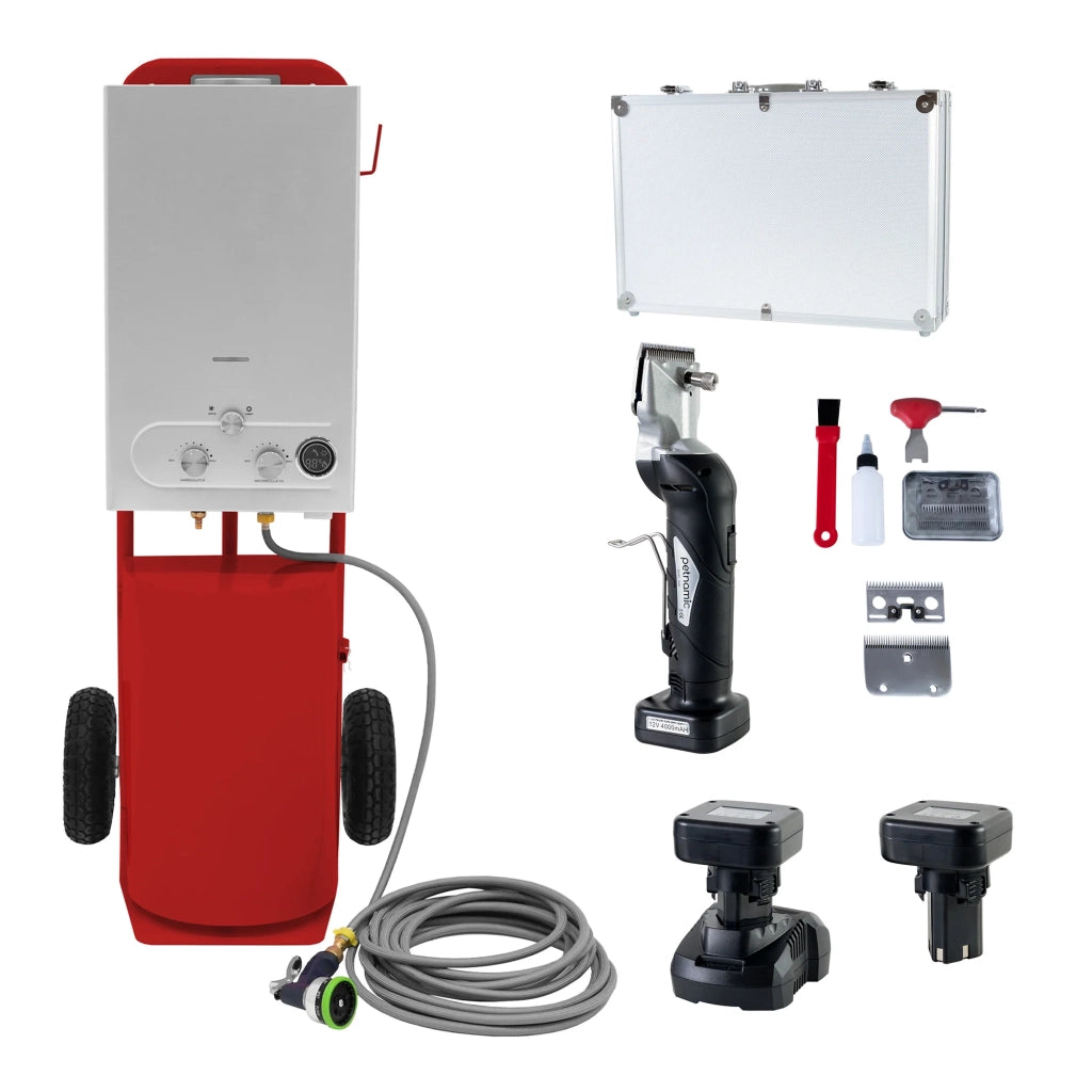 Doccia Cavalli Portatile e Tosatrice Senza Filo Caldaia Rossa 18L Kit Grooming