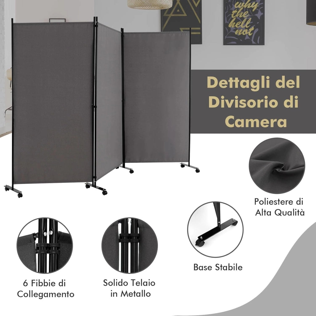Paravento da Interno in Metallo, Separé Divisorio Interno Pieghevole con Piedini Stabili, Pannelli Divisori per Interni per Casa e Ufficio (Grigio, 262 x 180 cm (3 Pannelli con ruote))