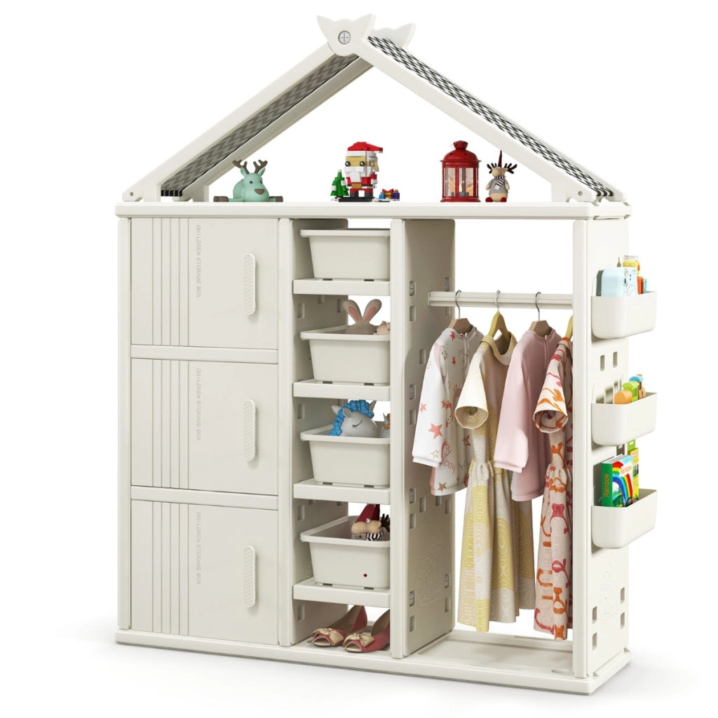 Armadio portaoggetti per bambini con appendiabiti da letto dei bambini, Organizzatore di vestiti con 3 armadietti Beige