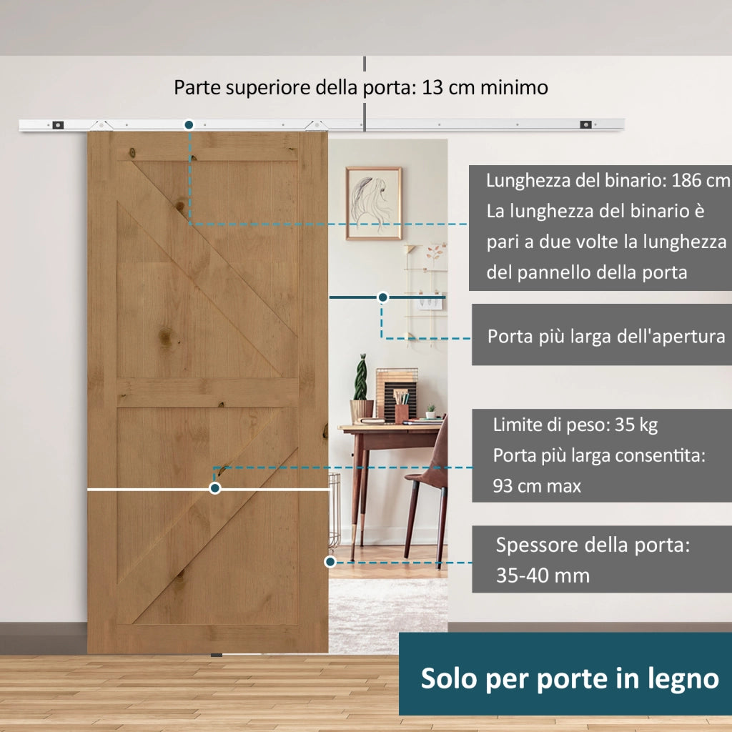 Kit Porta Scorrevole con Rulli e Guida ¨C Minimal ¨C Metallo 186x3x4 cm