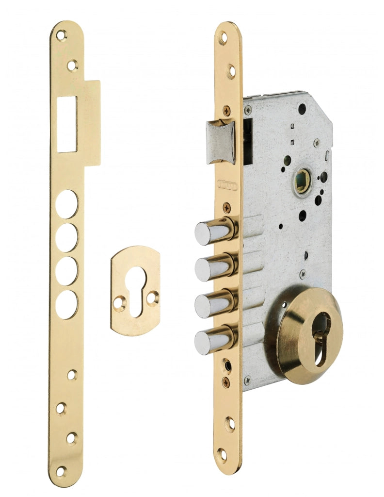 Cassa serratura per cilindro europeo, asse 60 mm, 4 catenacci, frontale ottonato – THIRARD