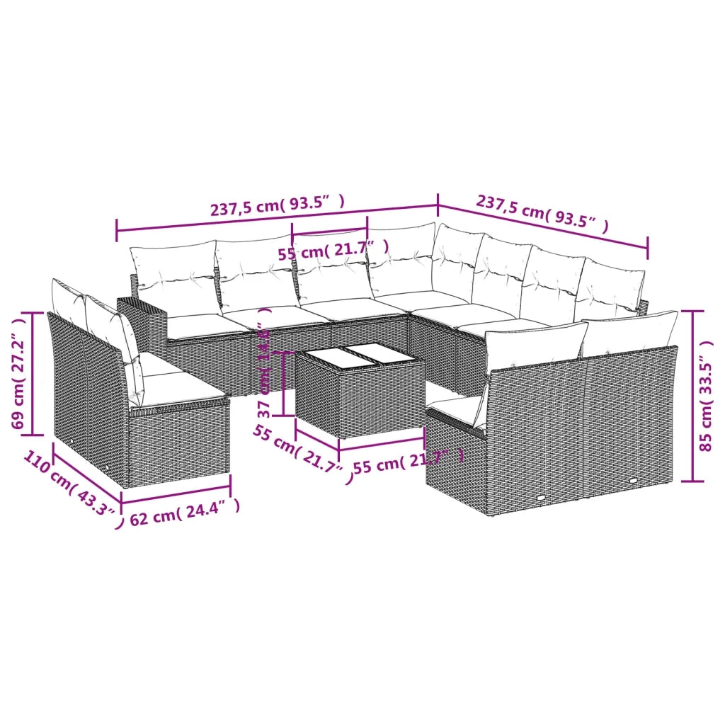 Set Divani da Giardino 12 pz con Cuscini Nero in Polyrattan 3219125