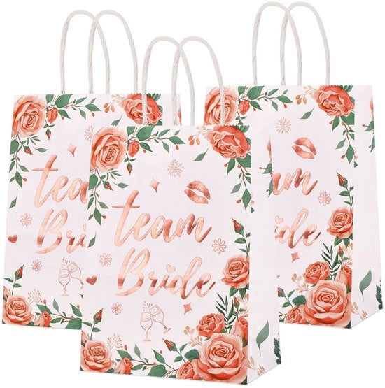 Regali di nozze in rosé oro con maniglie a mano - 12 borse regalo per sposa - tazze floreali - carta kraft duratura - pieghevole e leggera - borse per la festa