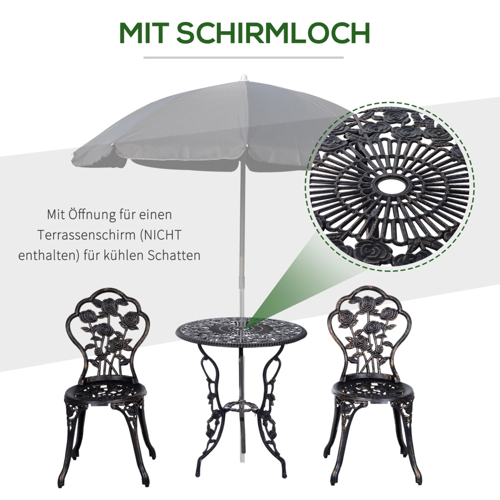 OKWISHSet Bistrot da Giardino 3 Pezzi con Tavolo e 2 Sedie, Foro per Ombrellone, Metallo Bronzo