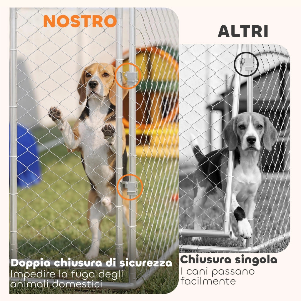 Recinto per Cani da Esterno ¨C Xylo ¨C Acciaio Zincato con Tetto PE Impermeabile Anti-UV Argento