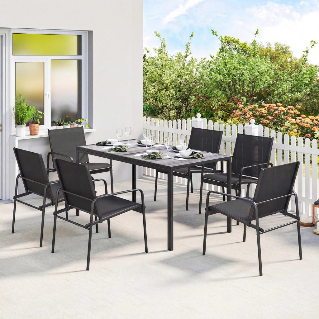 Set tavolo e sedie da giardino ¨C Xylo ¨C 150x80cm tavolo + 6 sedie effetto legno acciaio nero