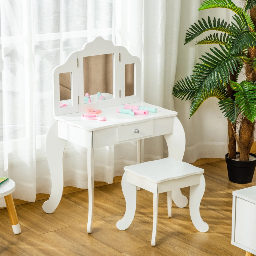 Scrivania Bambini con Specchio e Sgabello ¨C Minimal ¨C Bianco 63x40x85.5 cm