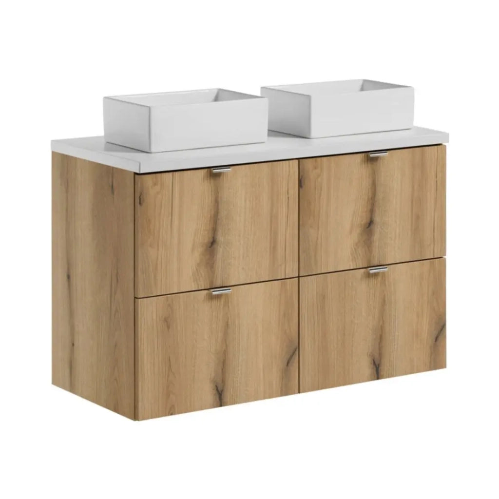 Set VANO aspetto rovere e bianco 100cm: mobile sottolavabo con cassetti + piano per lavabo + lavabi rettangolari da appoggio
