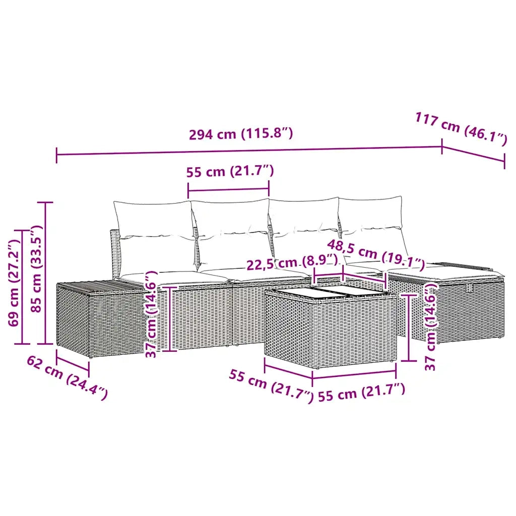 Set Divano da Giardino con cuscino 6 pcs Nero polyrattan 3359366