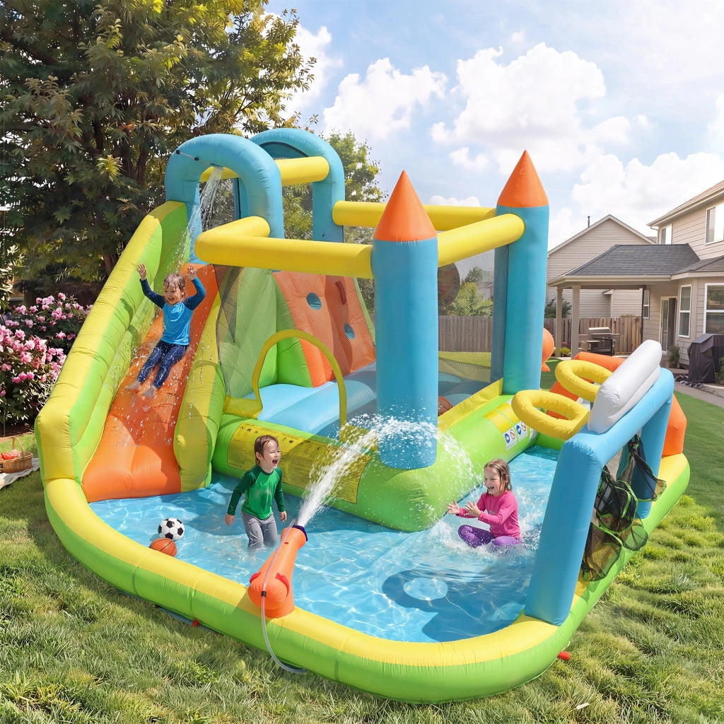 Parco acquatico gonfiabile per bambini con scivolo; piscina e area salto in Oxford colorato 360 × 320 × 200 cm