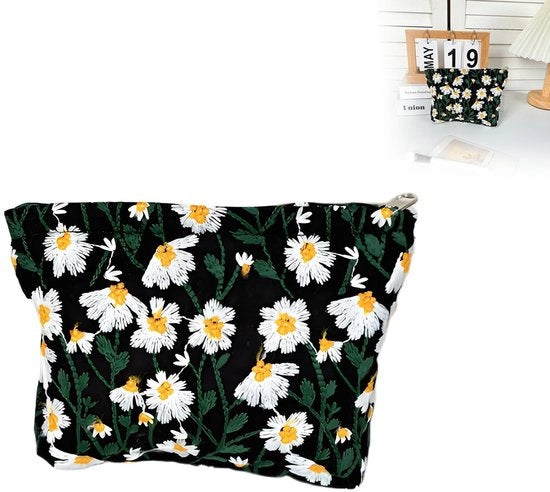 Organizzatore per viaggi con chiusura a cerniera - Borsa per bagno con bordo ricamato fiori - Organizzatore per bagno con alta qualità di tessuto in canapa - Materiale duraturo e lavabile - Design elegante