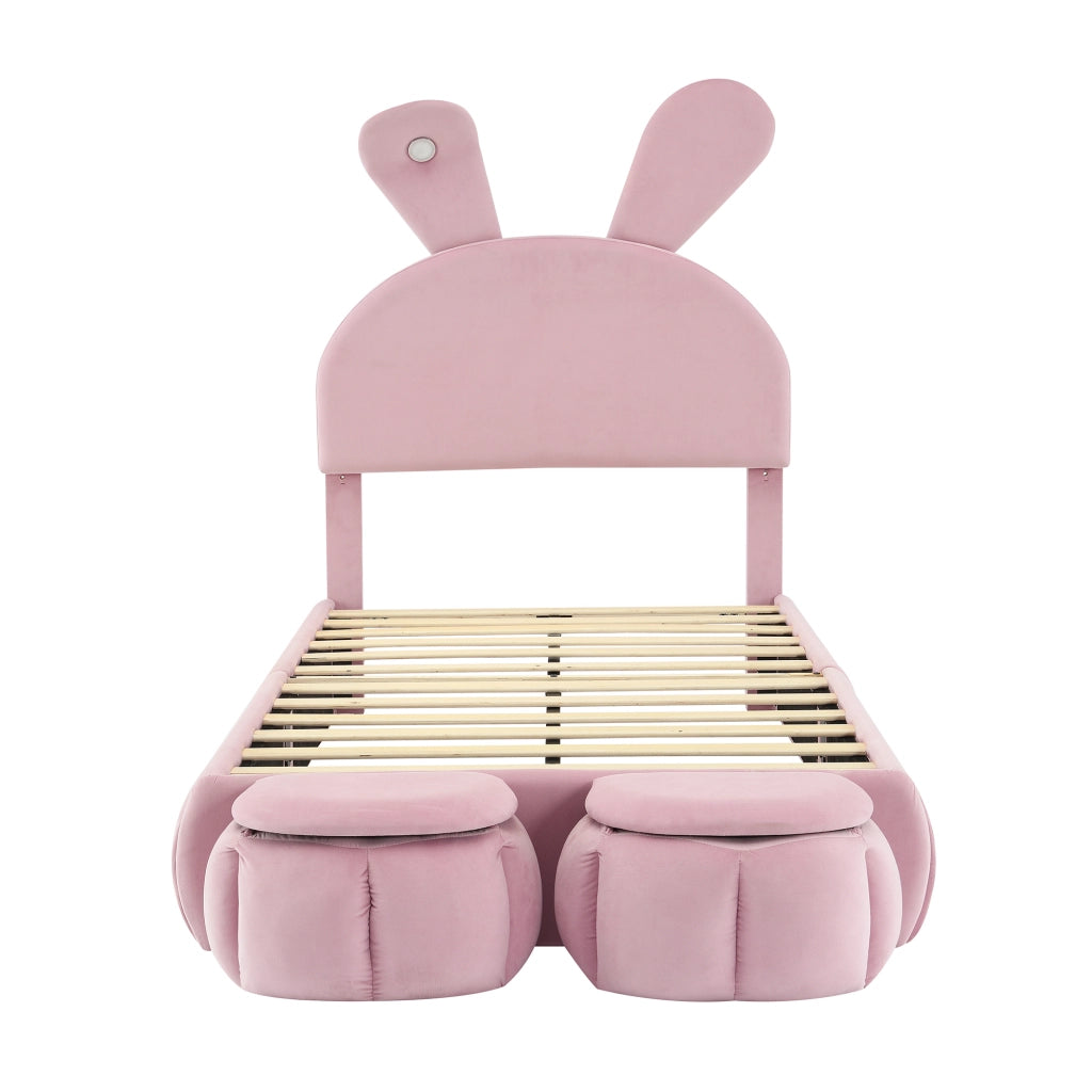 Bunny Kids Bed;90x200 cm;with adjustable LED lights;stools;pink velvet