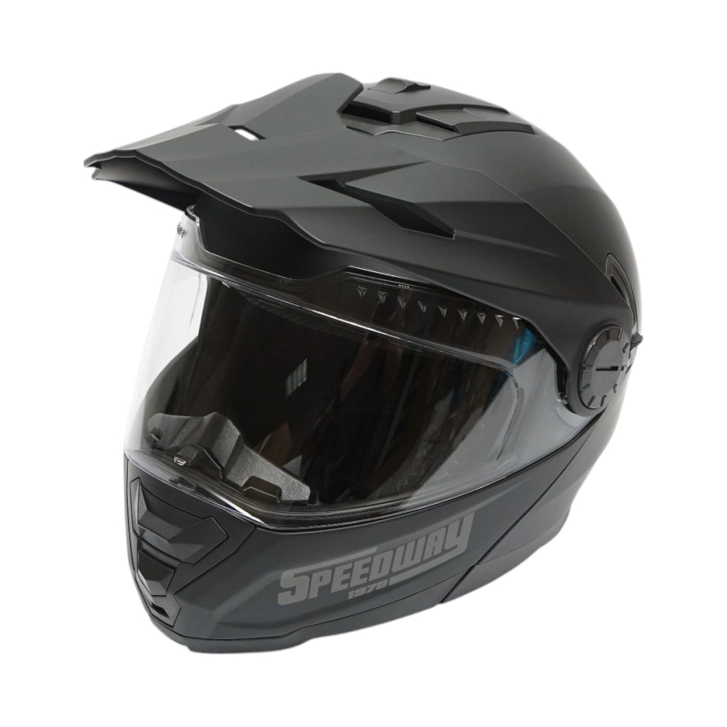Casco integrale da motocross nero opaco con visiera trasparente e occhiali da sole, taglia L Lion