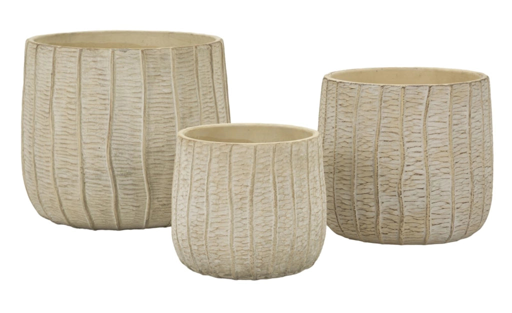 Set 3 Cachepot Flake in ceramica color crema - Design materico effetto legno, set decorativo per interni