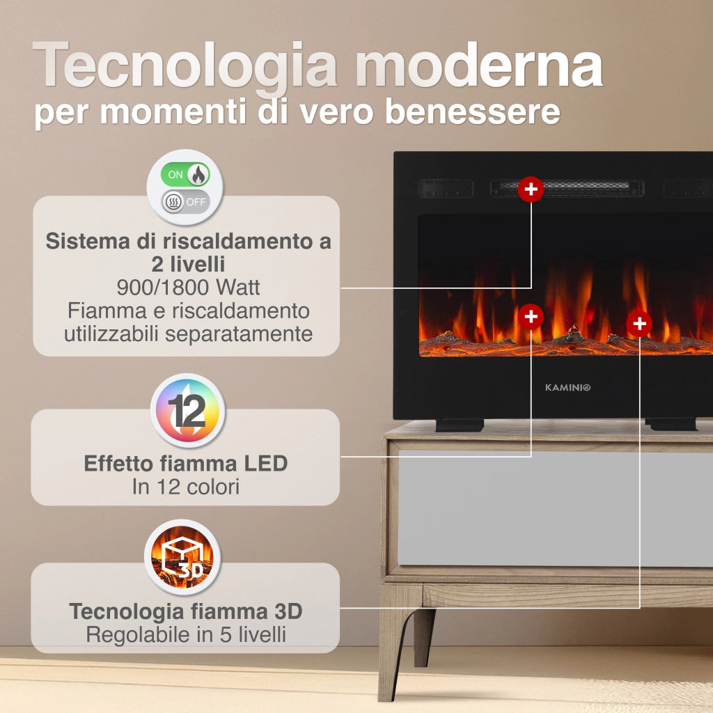 KAMINIO Camino elettrico MARLON - Camino elettrico 3 in 1 con riscaldatore, effetto fiamma 3D, 12 colori di fiamma, telecomando - 24 pollici