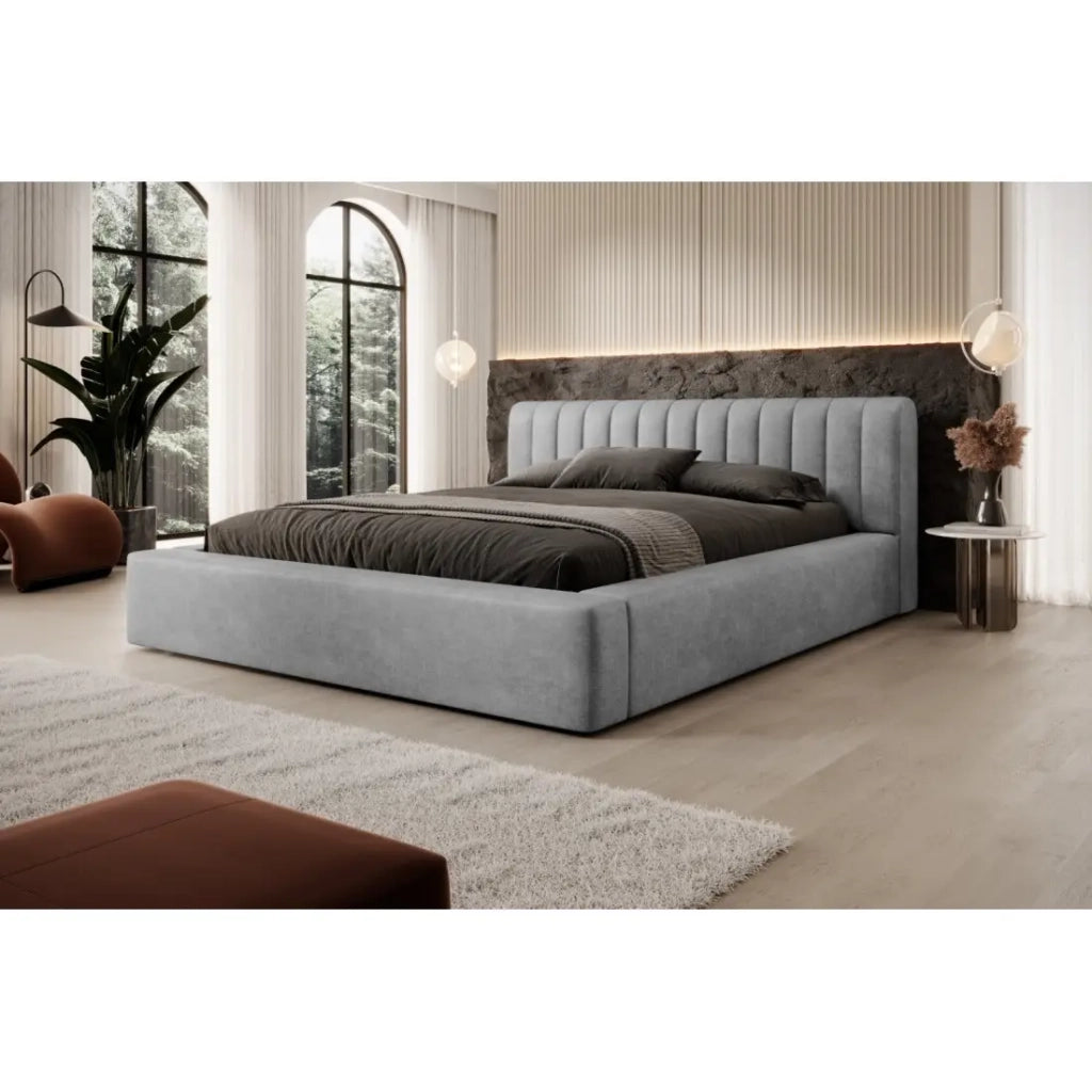 Lit coffre CERVIN – Velluto morbido Perla di cemento – 180x200 cm – Rete sollevabile – Design contemporaneo
