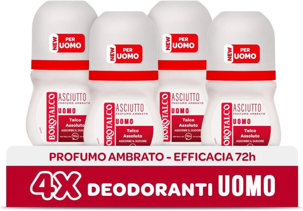 BOROTALCO SET 4 PZ DEO ROLL-ON 50ML L'UNO NEW ASCIUTTO PROFUMO AMBRATO NO ALCOOL 72H