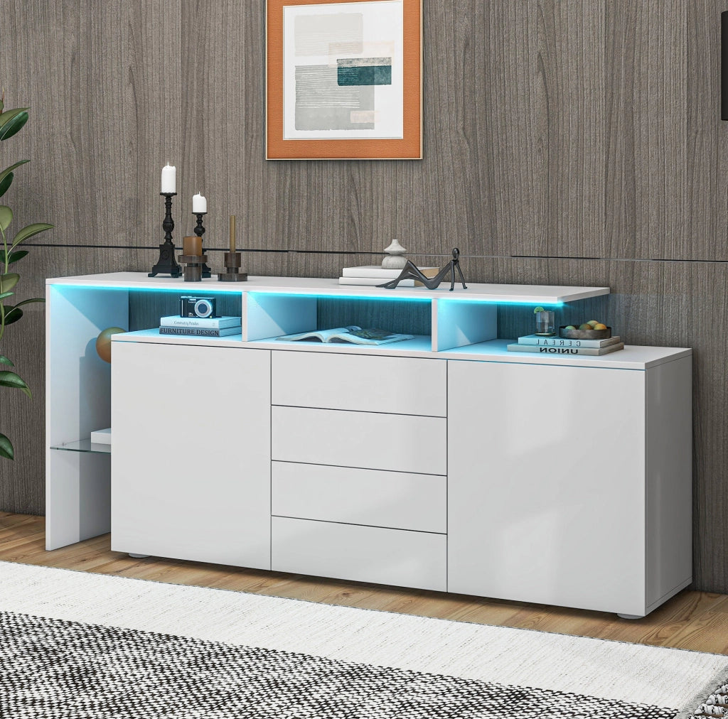 Sideboard 160 cm bianco con LED, 2 ante e 4 cassetti