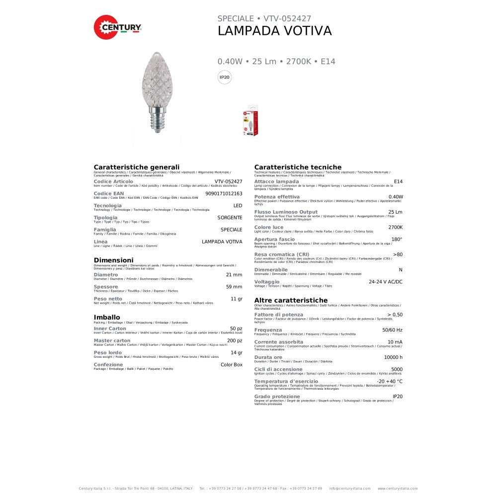 Lampadina led votiva 0,4w 24v 25lumen 2700k e14 per l'illuminazione cimiteriale