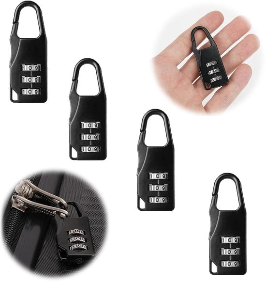 Blocco Bagagli Trasportabile - 3 Digitale Combinazione - Nero - Acciaio Inox - 4 Pezzi - Parola Segreta Riscattabile - Chiusura Bagaglio