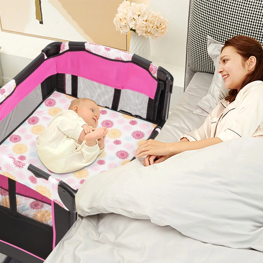 Box portatile 3 in 1 per bambini, Letto pieghevole con tasca carillon giocattoli carini, Rosa