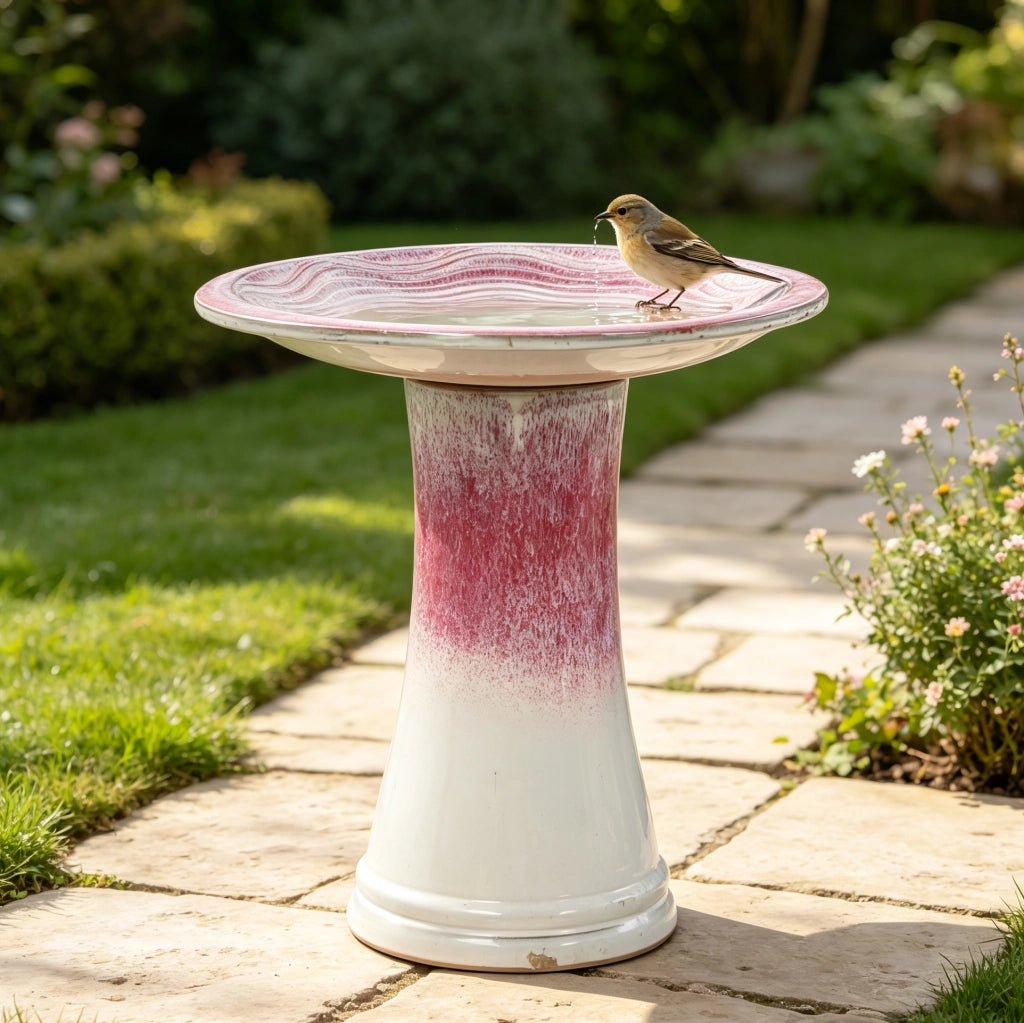 Bagnetto per uccelli in ceramica fatta a mano con ciotola ampia e base alta bianca e rosa Ø 43 cm per giardino