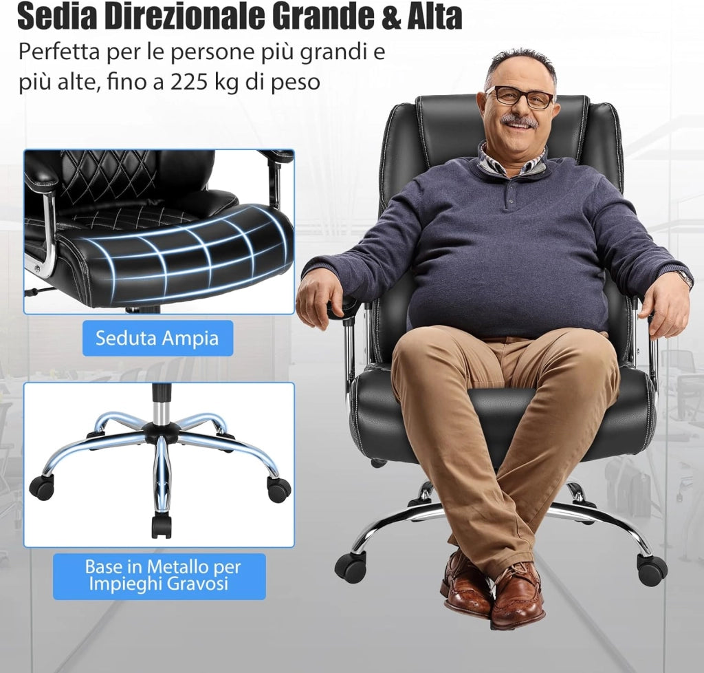 Sedia Ufficio in Pelle, Poltrona Scrivania Regolabile in Altezza, Sedia da Lavoro Girevole con Braccioli Imbottiti, con Base in Metallo, Schienale Oscillante, Portata 227 kg