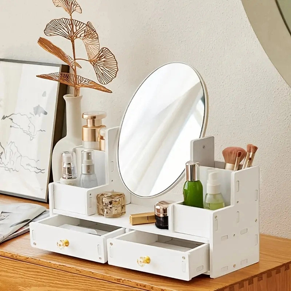 Trade Shop - Specchio Trucco Con Cassetti In Legno Organizer Gioielli Pennelli Montaggio Su Comò -