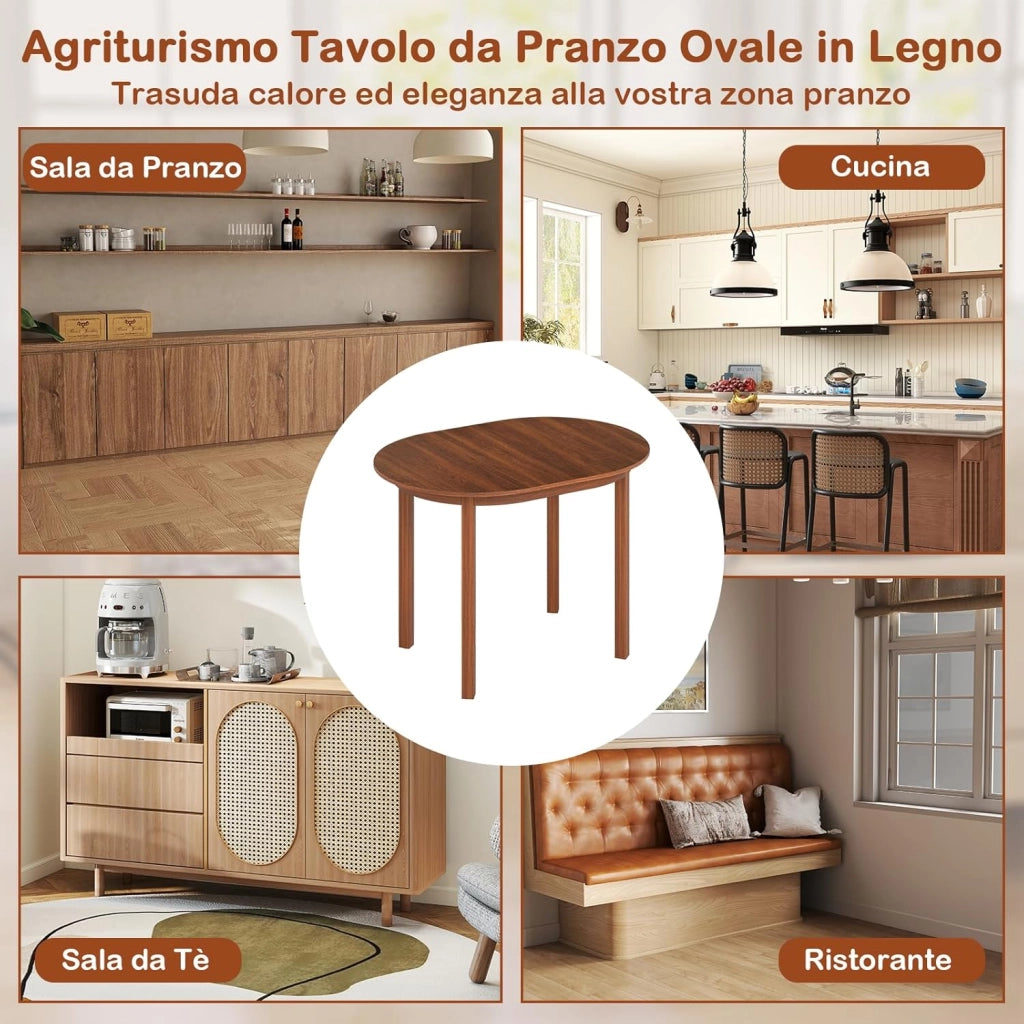 Tavolo da Pranzo in Legno per 2-4 Persone, Tavolo da Cucina Ovale con Gambe in Legno di Caucciù, Scrivania in Stile Rustico per Ufficio in Appartamenti Piccoli, Portata 120 kg