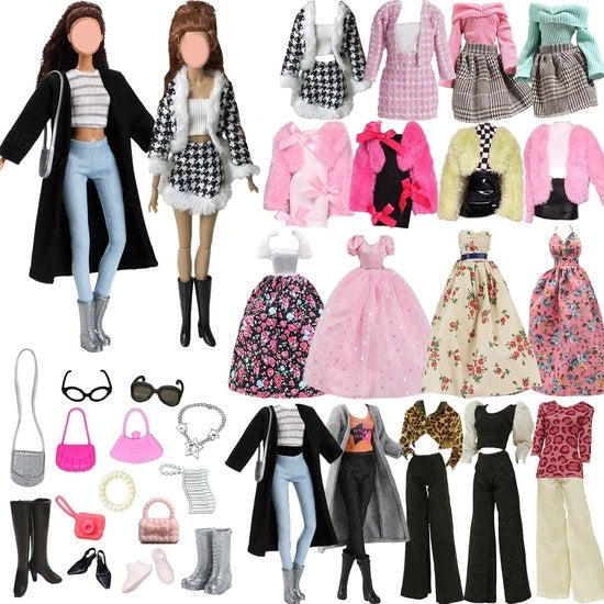 Abbigliamento per bambole 24 pezzi - 11,5 pollici - Abito a fiori Pepita - Cappotto nero/Impermeabile - Scarpe/Costola/Tessera - Materiali sicuri