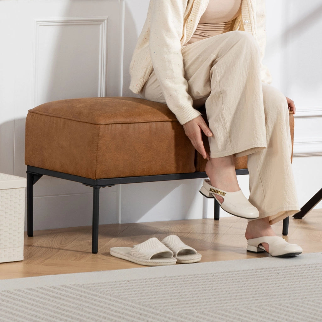 Pouf Moderno in Similpelle con Seduta Imbottita e Gambe in Acciaio ¨C Zephmum ¨C Marrone 80x40x46 cm