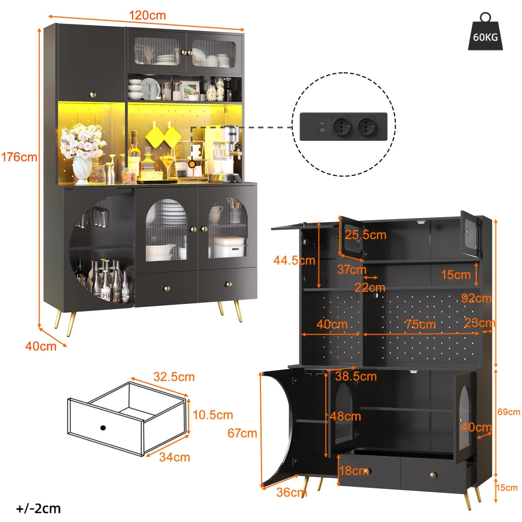 Mobile Credenza con LED ¨C Xylo ¨C Nero, Vetro, Cassetto, USB