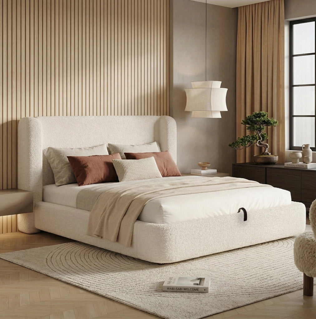 Letto imbottito con contenitore e testiera in bouclé beige